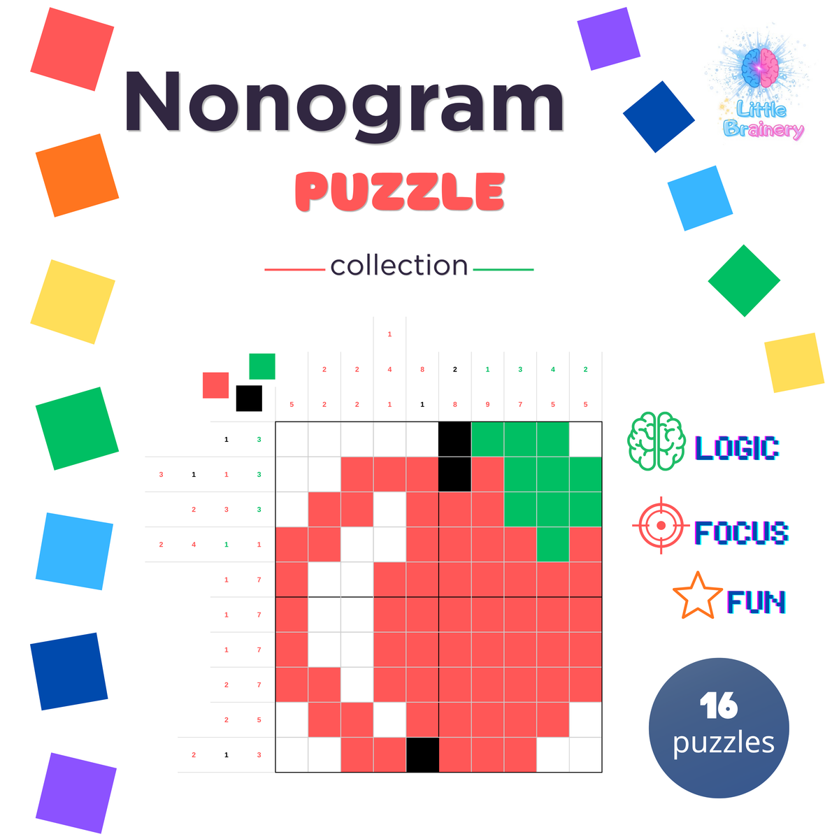 Color Nonogram Puzzle Book for Kids & Beginners | Printable PDF | Logic Brain Games