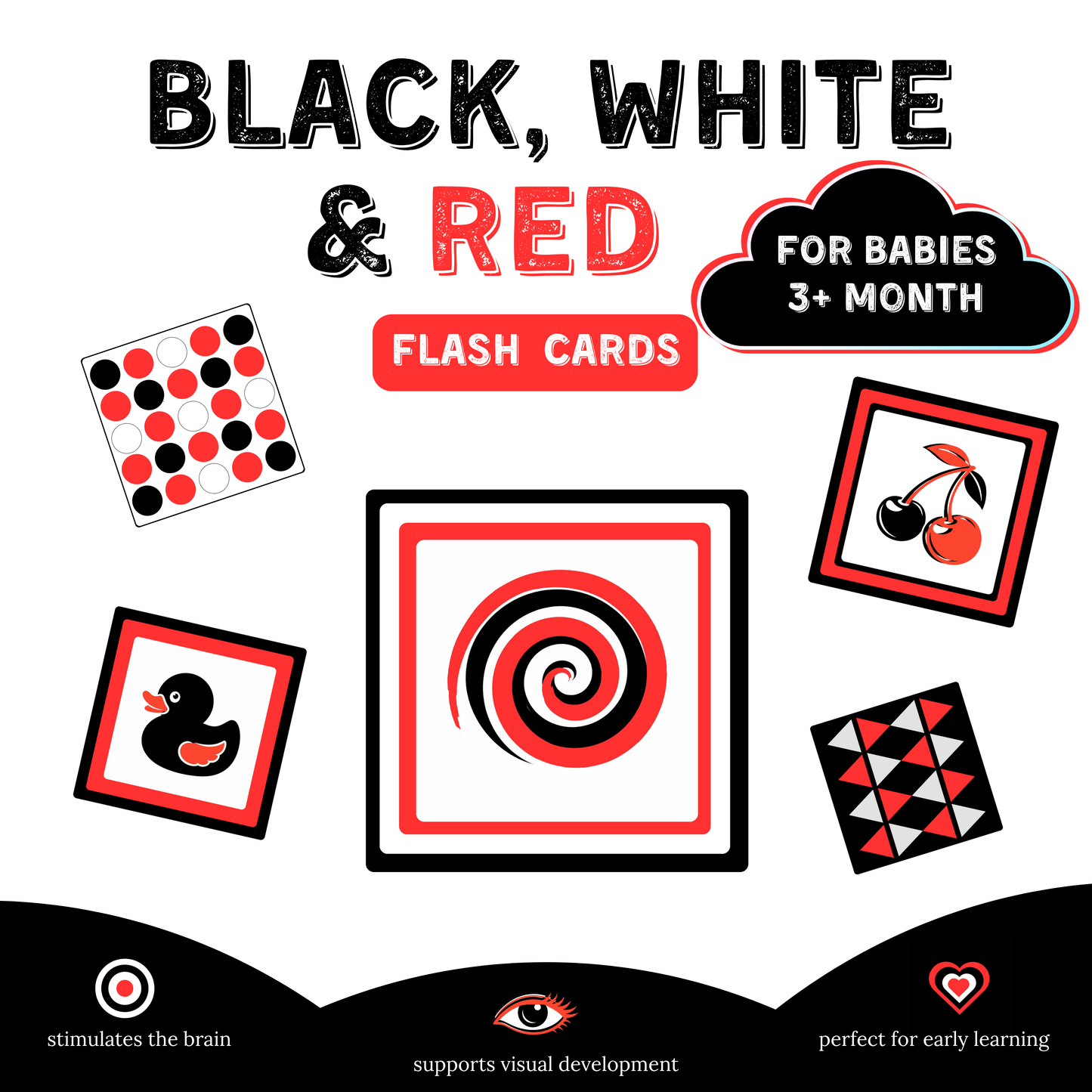 Black, White & Red Flash Cards for Babies 3+ Months | High-Contrast Visual Stimulation Cards