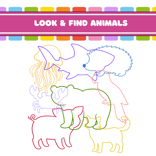 A children's coloring/activity sheet illustration with the text 'LOOK & FIND ANIMALS' in a pink banner at the top. The page shows outline drawings of several animals in different colors, including a shark, a dog, a bear, a pig, a cat, and a jellyfish, on a white background with a multicolor striped border.